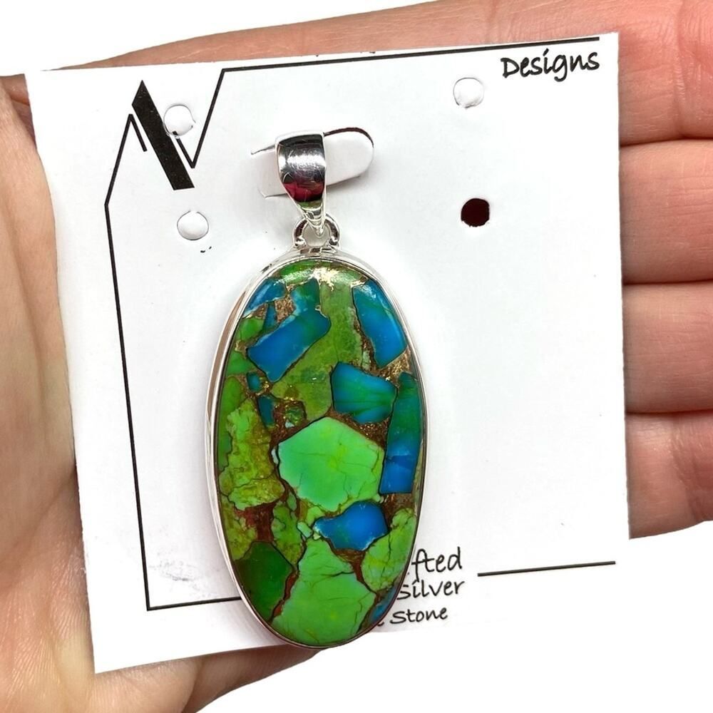 Kingman Turquoise Necklace Pendant Oval Solid 925 Sterling Silver Green Blue - Picture 4 of 8